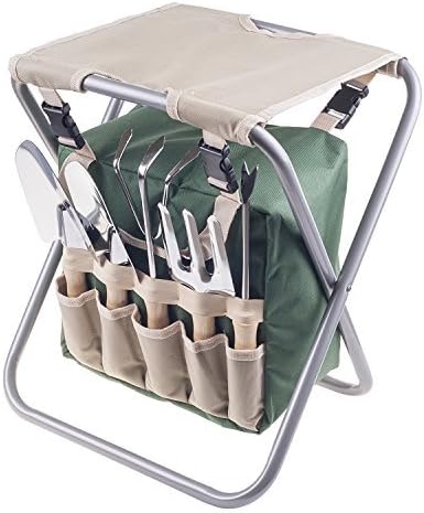 Pure Garden Folding Garden Stool with Tool Bag Plus 5 Garden Tools