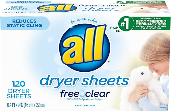 all Fabric Softener Dryer Sheets for Sensitive Skin, Free Clear, 120 Count