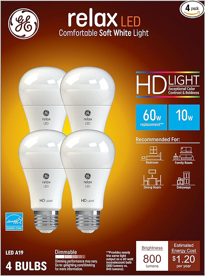 GE Relax LED Light Bulbs, 60 Watt, Soft White, A19 (4 Pack)