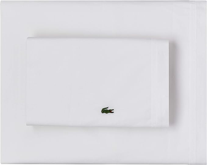 Lacoste 100% Cotton Percale Sheet Set, Solid, White, Queen