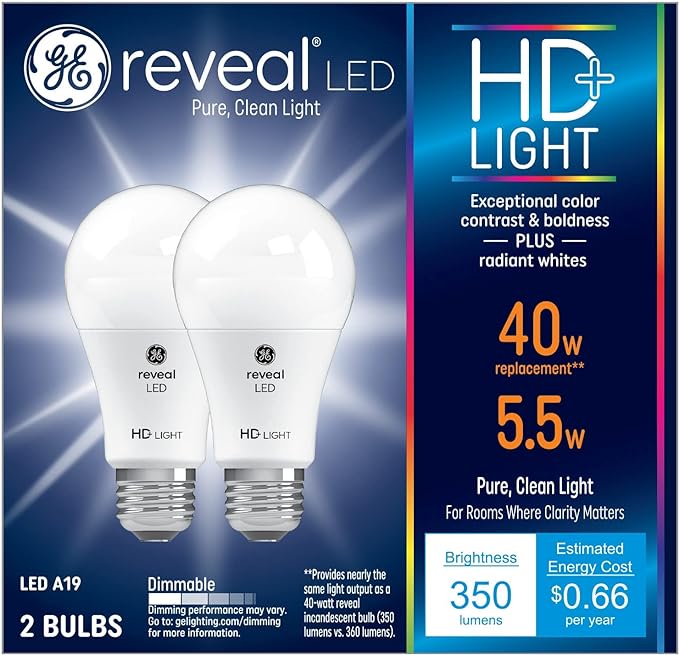 GE Reveal HD+ LED Light Bulbs, 40 Watt, A19 (2 Pack)