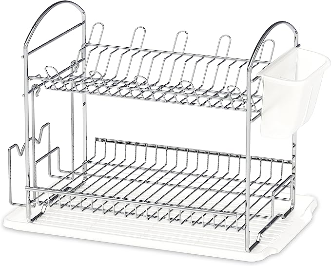 Simple Houseware 2-Tier Metal Dish Rack with Drainboard, Chrome for Kitchen