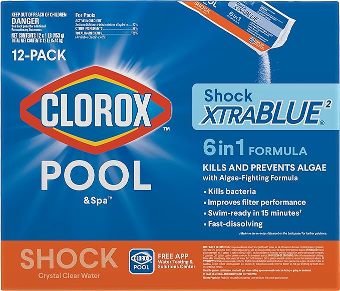 Clorox Pool&Spa 33512CLX Pool Shock XtraBlue (12 1-lb Bags), 12 Pack, White