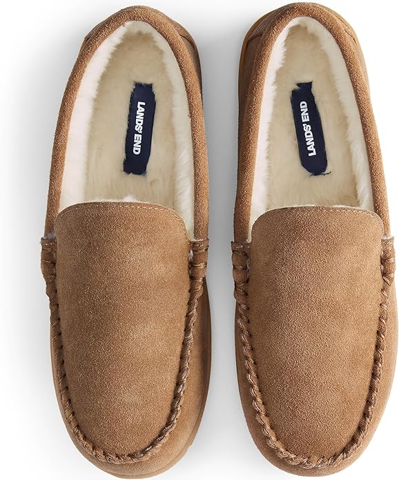 Lands End Mens Suede Leather Moccasin Slippers Indoor and Outdoor Shoes